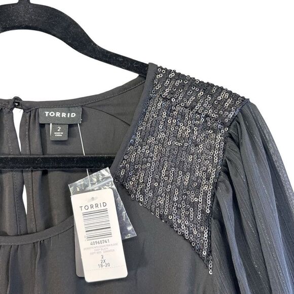 Nwt 2x xxl Torrid 40960741 GEORGETTE WITH SEQUIN TRIM BLOUSE DEEP BLACK - Picture 5 of 8
